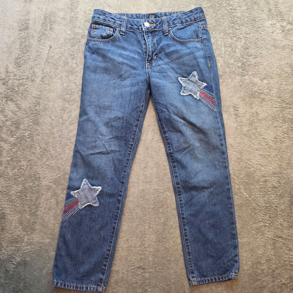 Gap Girlfriend Jeans Girls 10 Blue Medium Wash Straight Star Embroidered Denim